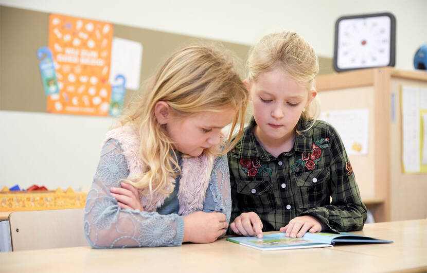 Kinderen leren in de klas vanuit een boek